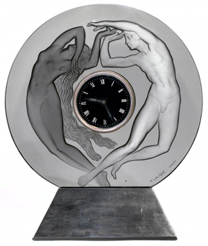 Lovely Rene Lalique gray glass La Jour et la Nuit mantel clock, signed, made circa 1926. A.B. Levy image.   